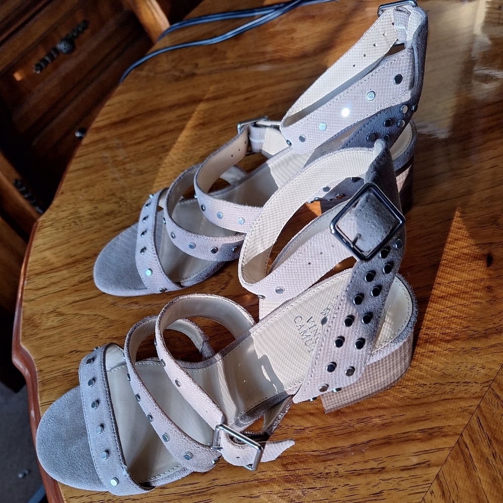 Vince Camuto suede beige bock heel sandals. Brand new without tag.